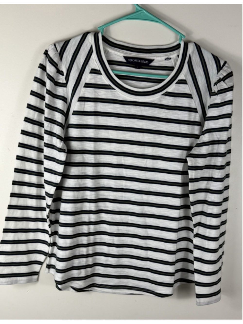 Veronica Beard Women’s Long Sleeve Striped Jersey. Pleated Shoulder Size Large